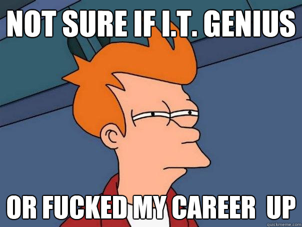 not sure if i.t. genius or fucked my career  up  Futurama Fry