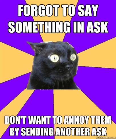 FORGOT TO SAY SOMETHING IN ASK DON'T WANT TO ANNOY THEM BY SENDING ANOTHER ASK ____ - FORGOT TO SAY SOMETHING IN ASK DON'T WANT TO ANNOY THEM BY SENDING ANOTHER ASK ____  Anxiety Cat