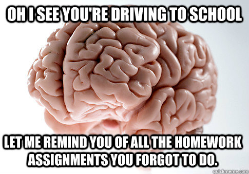 Oh I see you're driving to school  Let me remind you of all the homework assignments you forgot to do.  Scumbag Brain