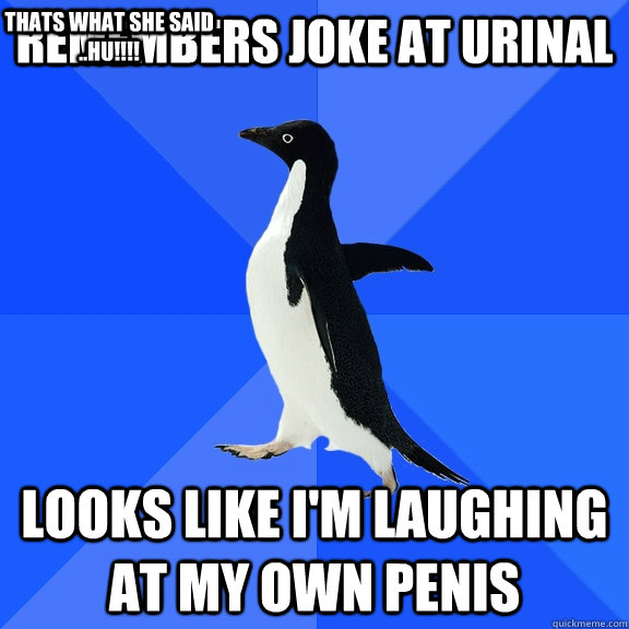 Remembers joke at urinal looks like I'm laughing at my own penis thats what she said ..hu!!!!  Socially Awkward Penguin