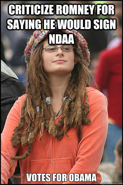 Criticize Romney for saying he would sign NDAA Votes for Obama  College Liberal