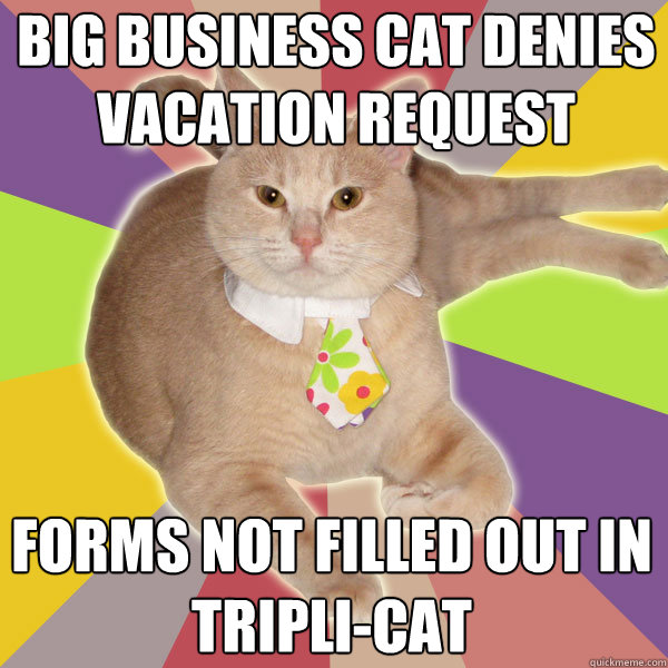 Big Business Cat denies vacation request forms not filled out in tripli-cat - Big Business Cat denies vacation request forms not filled out in tripli-cat  Big Business Cat