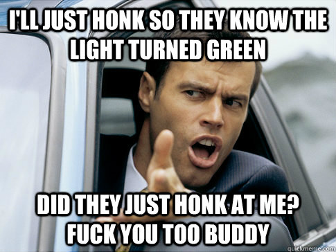 I'll just honk so they know the light turned green did they just honk at me?  fuck you too buddy  Asshole driver