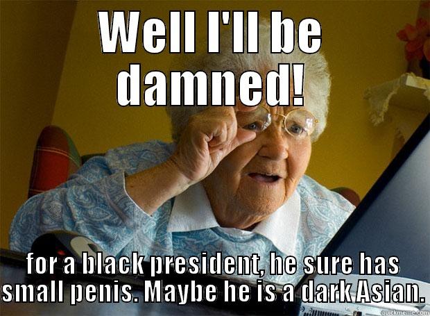 WELL I'LL BE DAMNED! FOR A BLACK PRESIDENT, HE SURE HAS SMALL PENIS. MAYBE HE IS A DARK ASIAN. Grandma finds the Internet