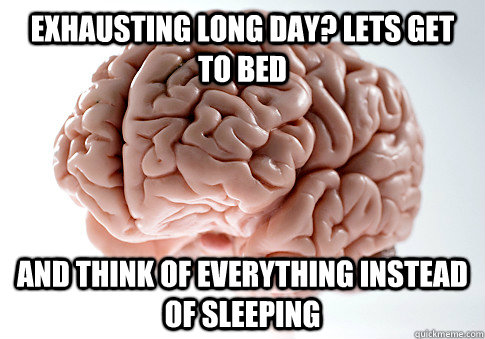 Exhausting long day? lets get to bed And think of everything instead of sleeping  Caption 4 goes here  Scumbag Brain