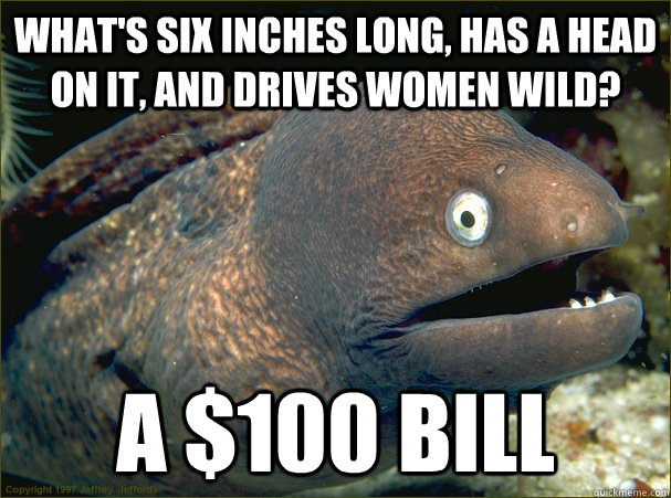What's six inches long, has a head on it, and drives women wild? A $100 bill  Bad Joke Eel