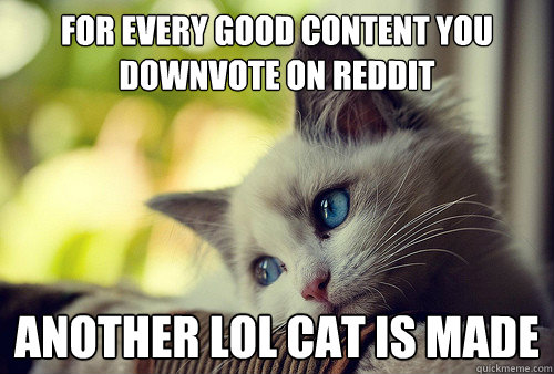 for every good content you downvote on reddit another lol cat is made  First World Problems Cat