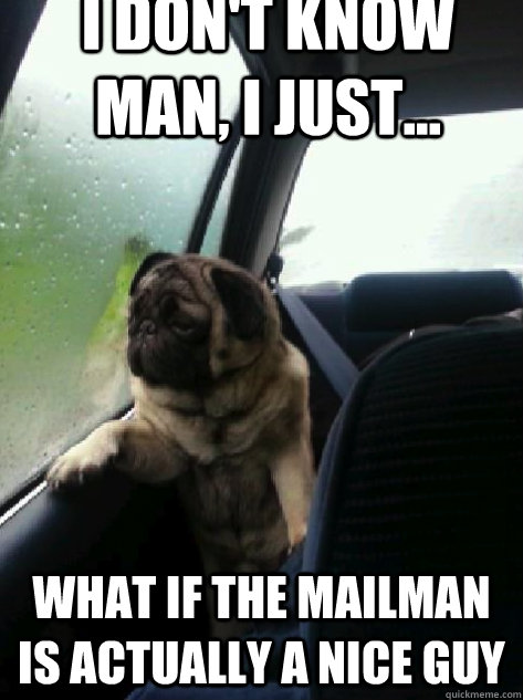i don't know man, i just... What if the mailman is actually a nice guy  Introspective Pug