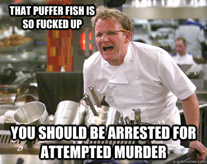 You should be arrested for attempted murder That puffer fish is so fucked up - You should be arrested for attempted murder That puffer fish is so fucked up  Ramsay Gordon Yelling