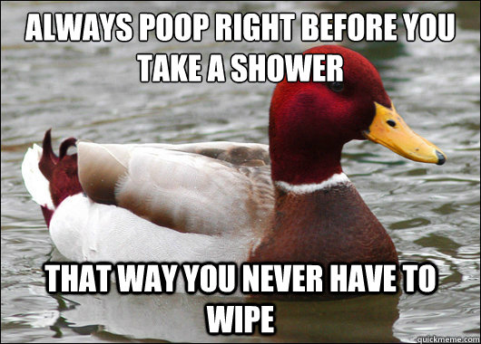 Always poop right before you take a shower
 That way you never have to wipe  Malicious Advice Mallard