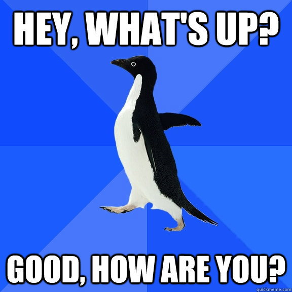 Hey, what's up? Good, how are you?  Socially Awkward Penguin