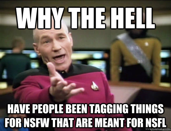 why the Hell Have people been tagging things for NSFW that are meant for NSFL - why the Hell Have people been tagging things for NSFW that are meant for NSFL  Annoyed Picard HD