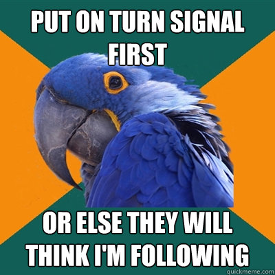 put on turn signal first or else they will think i'm following  Paranoid Parrot