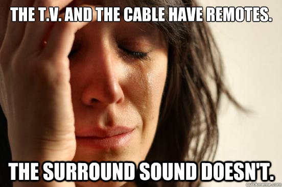 The t.v. and the cable have remotes. The surround sound doesn't.  First World Problems