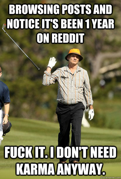 Browsing posts and notice it's been 1 year on reddit fuck it. I don't need karma anyway.  Bill Murray
