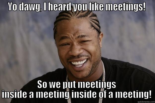 Yo dawg, I heard you like meetings! - YO DAWG, I HEARD YOU LIKE MEETINGS! SO WE PUT MEETINGS INSIDE A MEETING INSIDE OF A MEETING! Xzibit meme