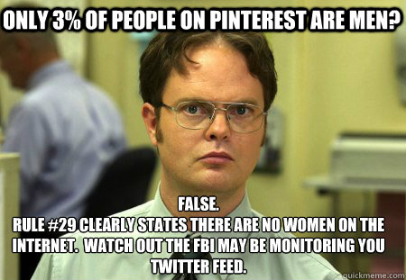 Only 3% of people on Pinterest are men? False.
Rule #29 clearly states there are no women on the internet.  Watch out the FBI may be monitoring you Twitter feed.  Schrute