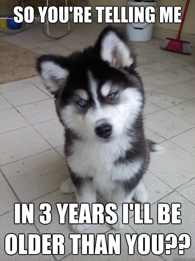 So you're telling me in 3 years i'll be older than you??
 - So you're telling me in 3 years i'll be older than you??
  Skeptical Newborn Puppy