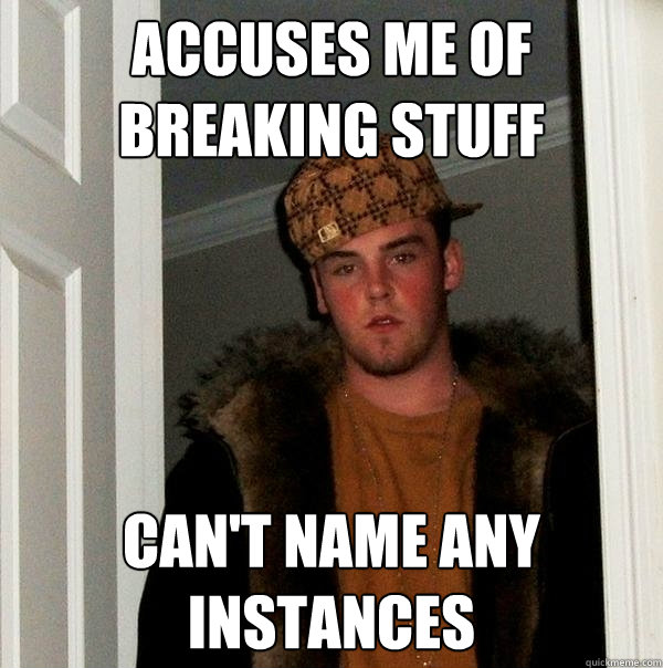 Accuses me of breaking stuff Can't name any instances  Scumbag Steve