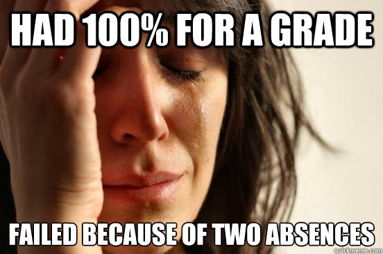 had 100% for a grade failed because of two absences  - had 100% for a grade failed because of two absences   First World Problems