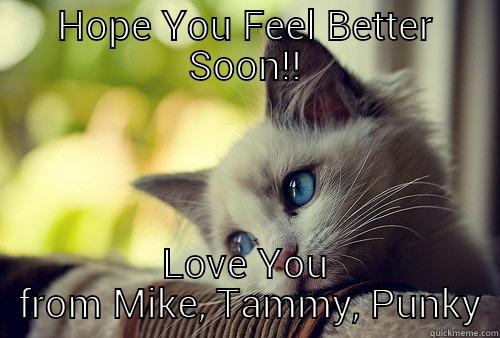 HOPE YOU FEEL BETTER SOON!! LOVE YOU  FROM MIKE, TAMMY, PUNKY First World Problems Cat