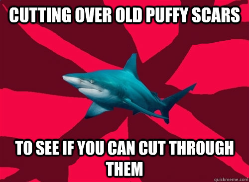 Cutting over old puffy scars to see if you can cut through them  Self-Injury Shark