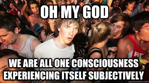 oh my god we are all one consciousness experiencing itself subjectively  Sudden Clarity Clarence