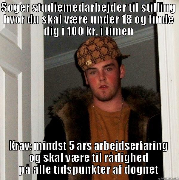 SØGER STUDIEMEDARBEJDER TIL STILLING HVOR DU SKAL VÆRE UNDER 18 OG FINDE DIG I 100 KR. I TIMEN KRAV: MINDST 5 ÅRS ARBEJDSERFARING OG SKAL VÆRE TIL RÅDIGHED PÅ ALLE TIDSPUNKTER AF DØGNET Scumbag Steve