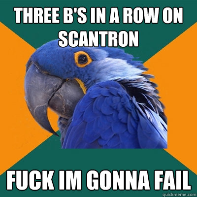 Three B's in a row on scantron fuck im gonna fail  Paranoid Parrot