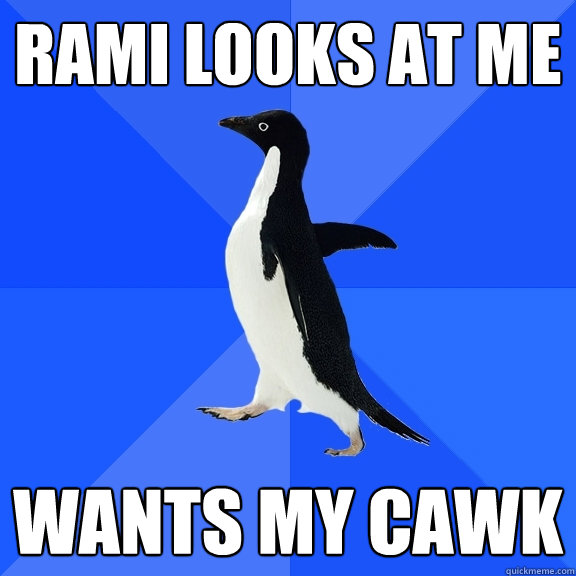 Rami looks at me wants my cawk  Socially Awkward Penguin