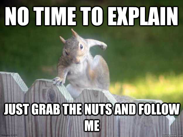 no time to explain just grab the nuts and follow me  