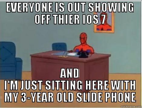 EVERYONE IS OUT SHOWING OFF THIER IOS 7 AND I'M JUST SITTING HERE WITH MY 3-YEAR OLD SLIDE PHONE Spiderman Desk