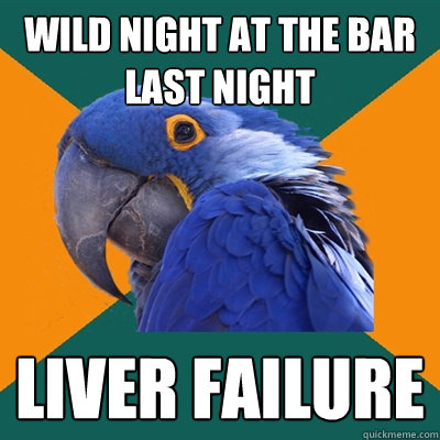 wild night at the bar last night liver failure  Paranoid Parrot
