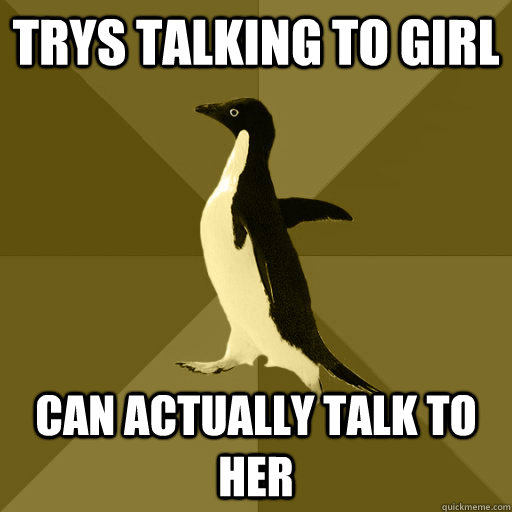 trys talking to girl can actually talk to her  Socially Normal Penguin