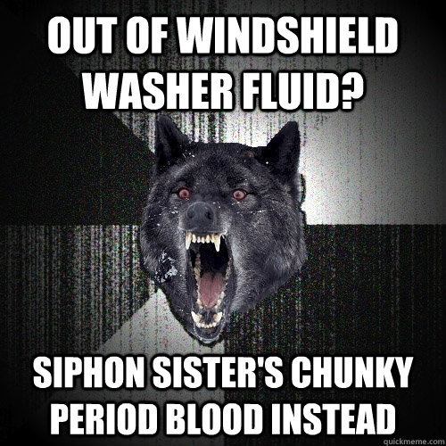 Out of windshield washer fluid? Siphon sister's chunky period blood instead  Insanity Wolf