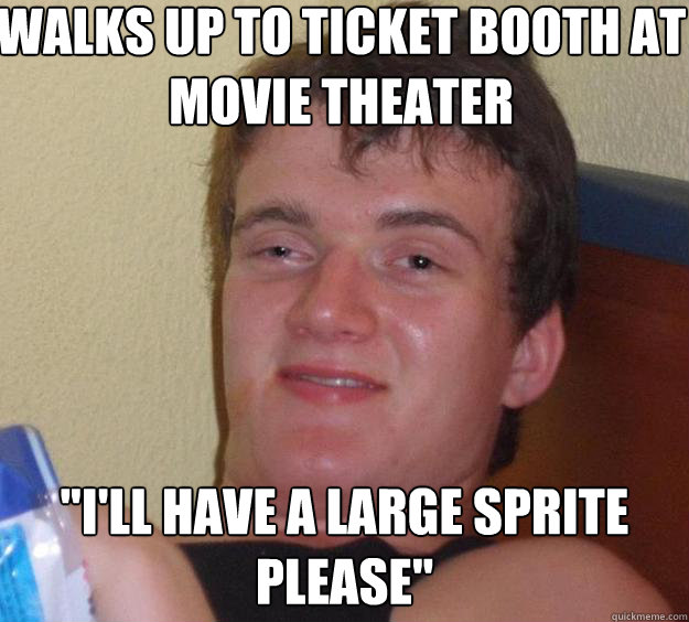 Walks up to ticket booth at movie theater  