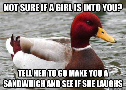 Not sure if a girl is into you? Tell her to go make you a sandwhich and see if she laughs  Malicious Advice Mallard