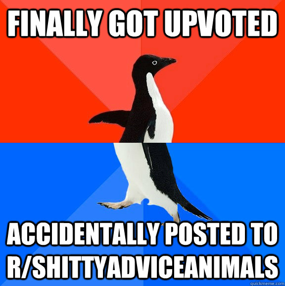 Finally got upvoted accidentally posted to r/shittyadviceanimals  Socially Awesome Awkward Penguin
