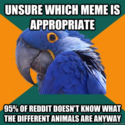 Unsure which meme is appropriate 95% of reddit doesn't know what the different animals are anyway  Paranoid Parrot