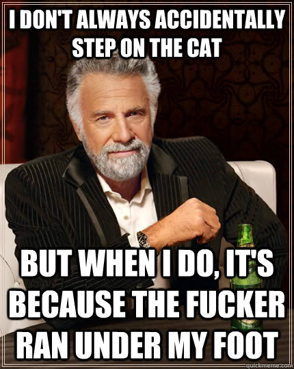 I don't always accidentally step on the cat but when I do, it's because the fucker ran under my foot  The Most Interesting Man In The World