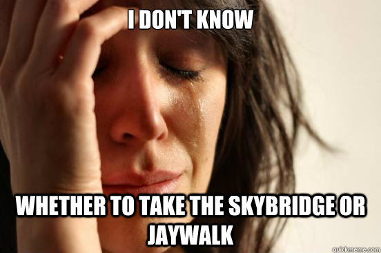 i don't know whether to take the skybridge or jaywalk  First World Problems