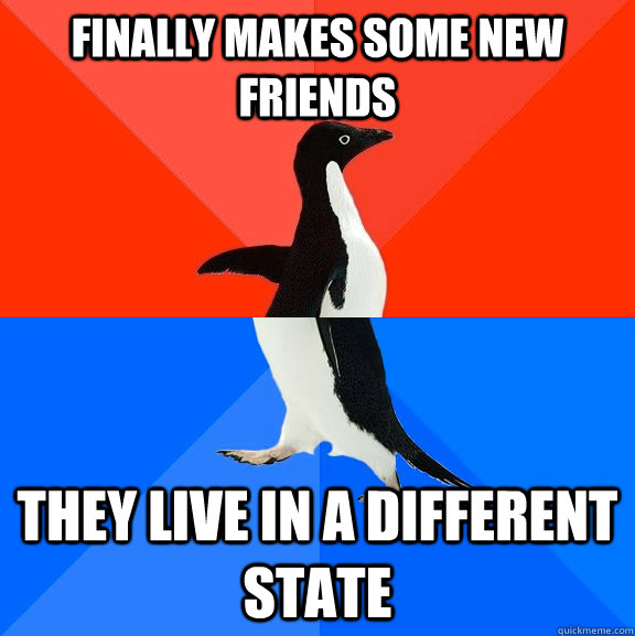 Finally makes some new friends They live in a different state  Socially Awesome Awkward Penguin