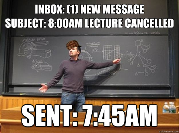 inbox: (1) new message
subject: 8:00am lecture cancelled sent: 7:45am - inbox: (1) new message
subject: 8:00am lecture cancelled sent: 7:45am  Scumbag Lecturer  Proffessor