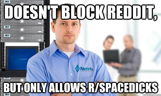 Doesn't block reddit,  But only Allows r/spacedicks  Scumbag IT Guy