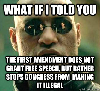 What if I told you The first amendment does not grant free speech, but rather stops congress from  making it illegal  What if I told you