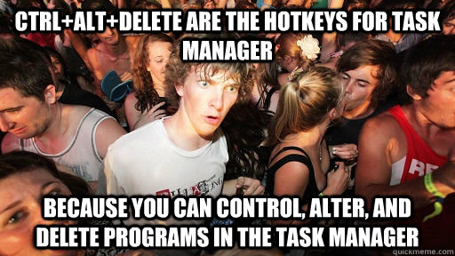 ctrl+alt+delete are the hotkeys for task manager because you can control, alter, and delete programs in the task manager  Sudden Clarity Clarence