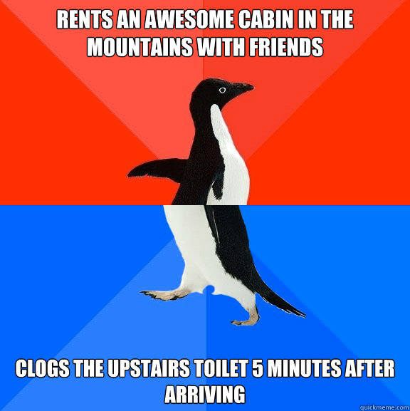 Rents an awesome cabin in the mountains with friends Clogs the upstairs toilet 5 minutes after arriving  Socially Awesome Awkward Penguin