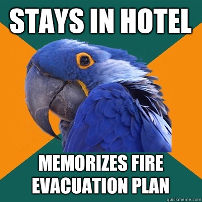 Stays in hotel Memorizes fire evacuation plan   Paranoid Parrot