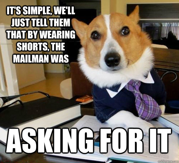 It's simple, we'll just tell them that by wearing shorts, the mailman was asking for it  Lawyer Dog