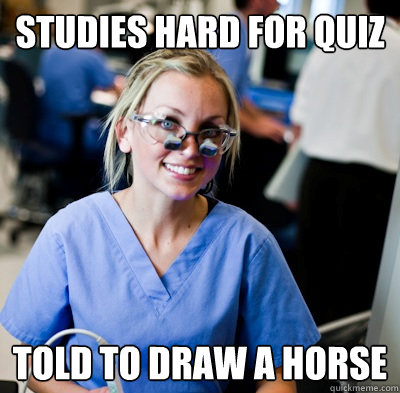 Studies hard for quiz Told to draw a horse - Studies hard for quiz Told to draw a horse  overworked dental student